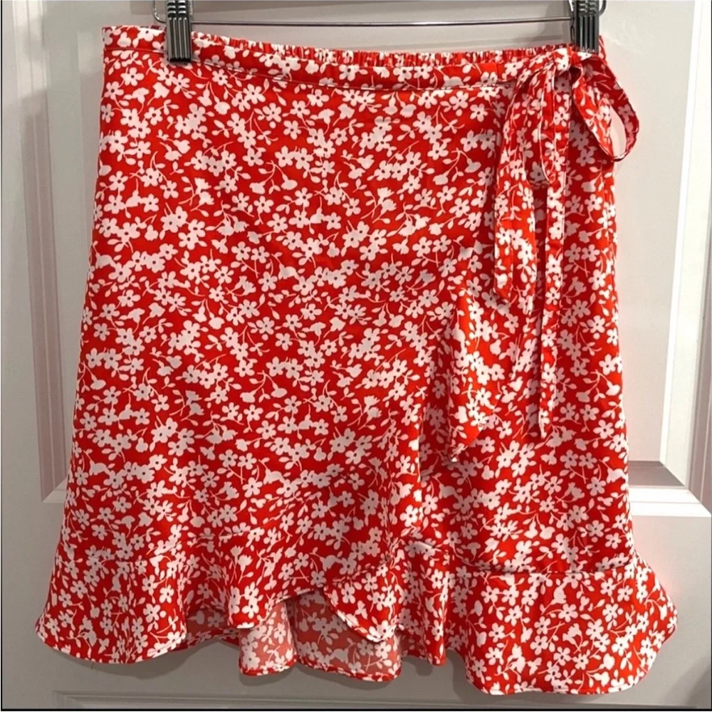 J.Crew Mercantile Floral Ruffle Tie‎ Waist Faux Wrap Mini Skirt Orange Women’s S